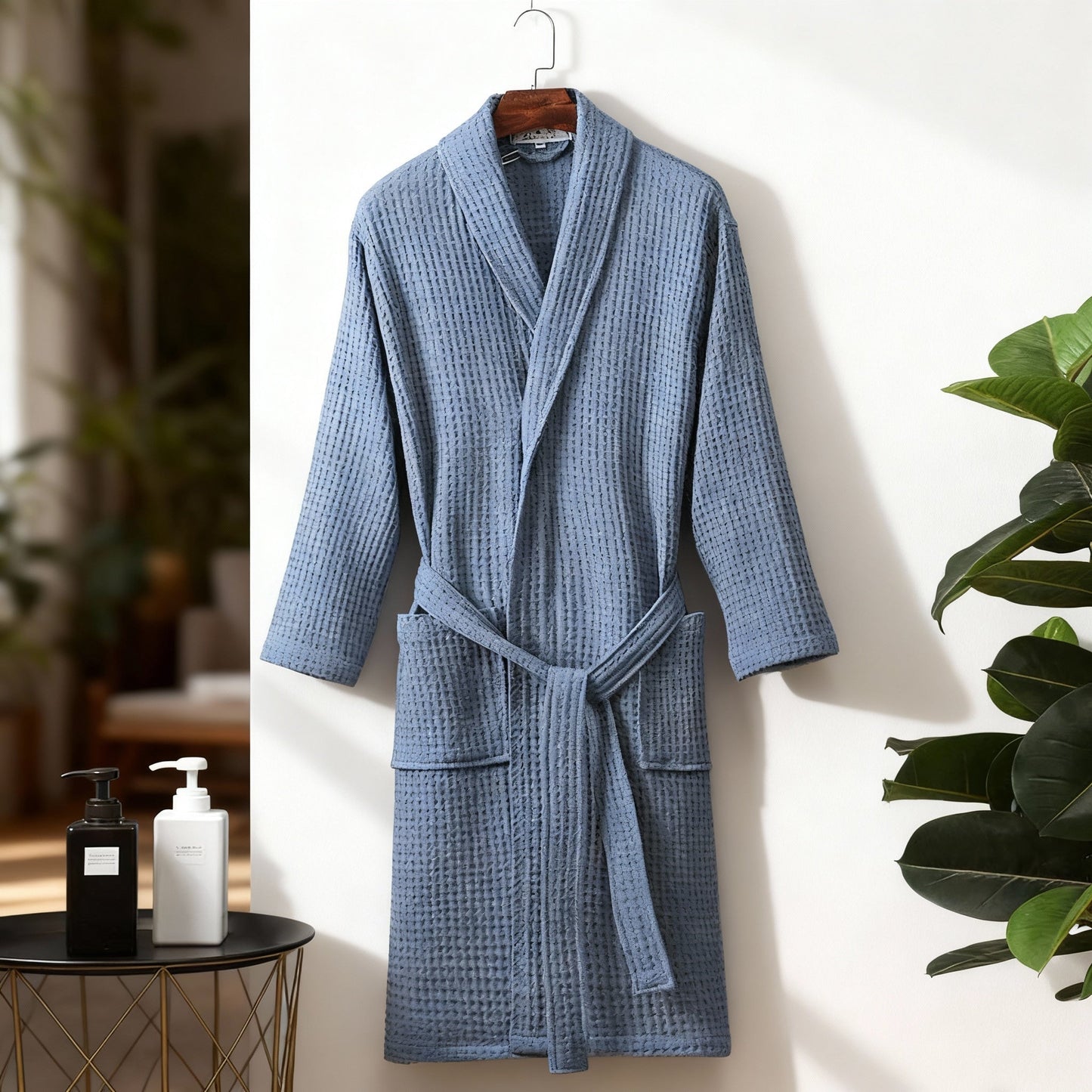 Waffle Cotton Bathrobe With Shawl Collar