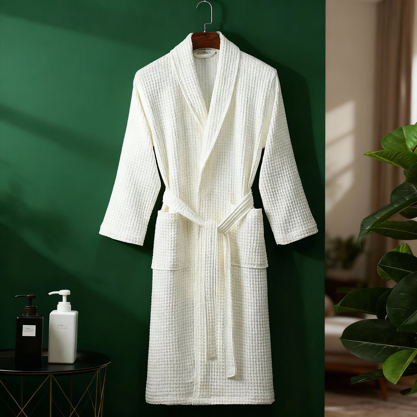 Waffle Cotton Bathrobe With Shawl Collar