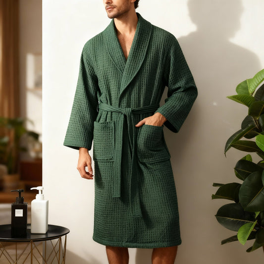 Waffle Cotton Bathrobe With Shawl Collar