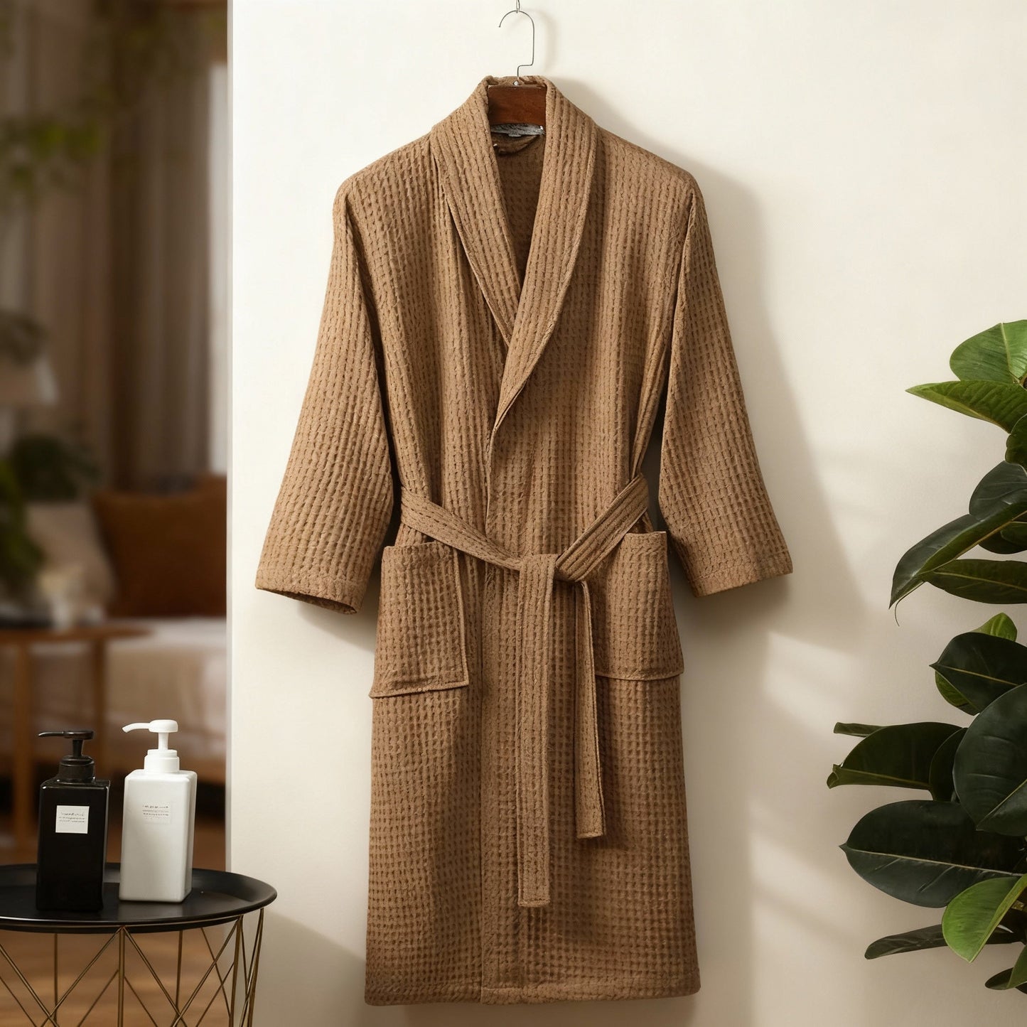 Waffle Cotton Bathrobe With Shawl Collar