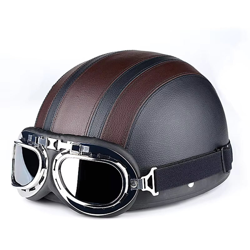 Retro Leather Motorcycle Half Helmet with Goggles