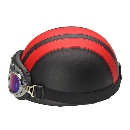 Retro Leather Motorcycle Half Helmet with Goggles