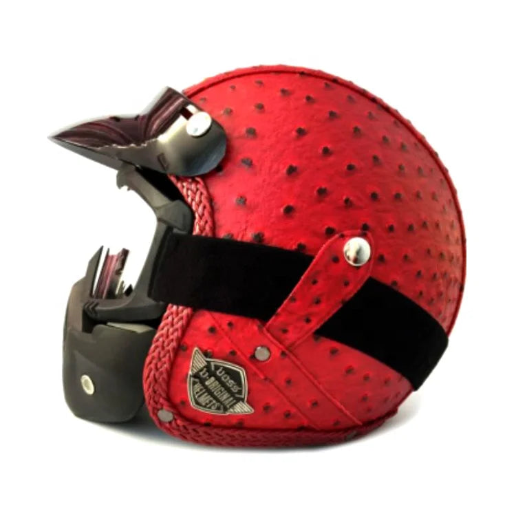 Retro Leather Motorcycle Helmet with Flip-Up Visor