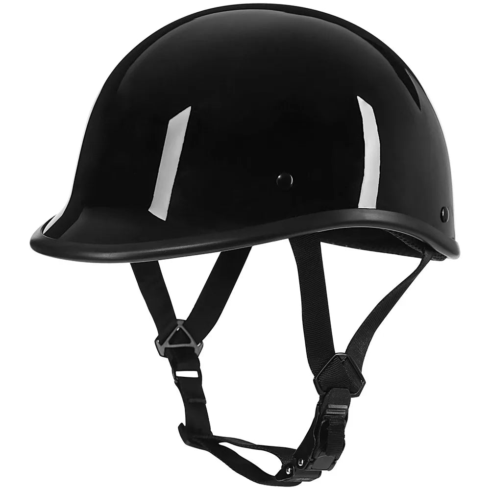 Glossy Black Half Helmet with Adjustable Strap