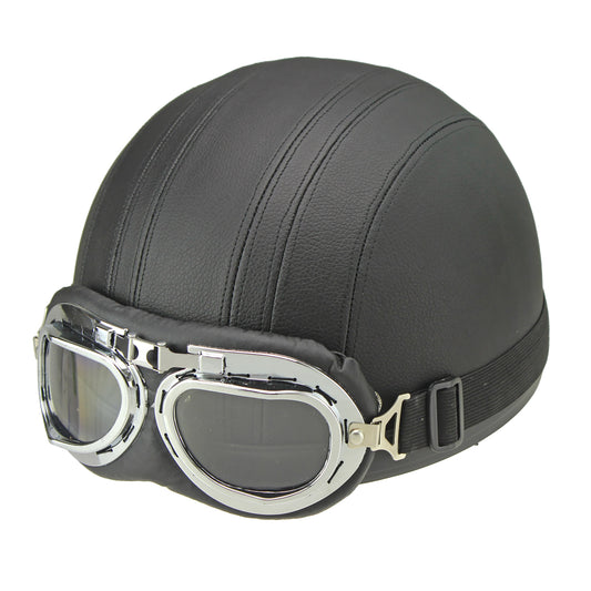 Retro Leather Motorcycle Half Helmet with Goggles