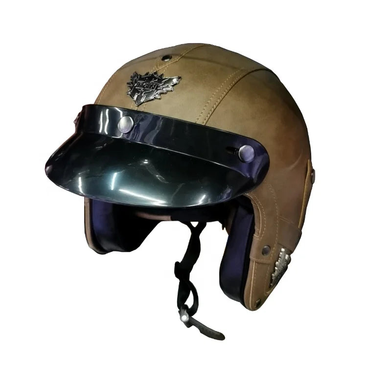 Retro Leather Motorcycle Helmet with Flip-Up Visor