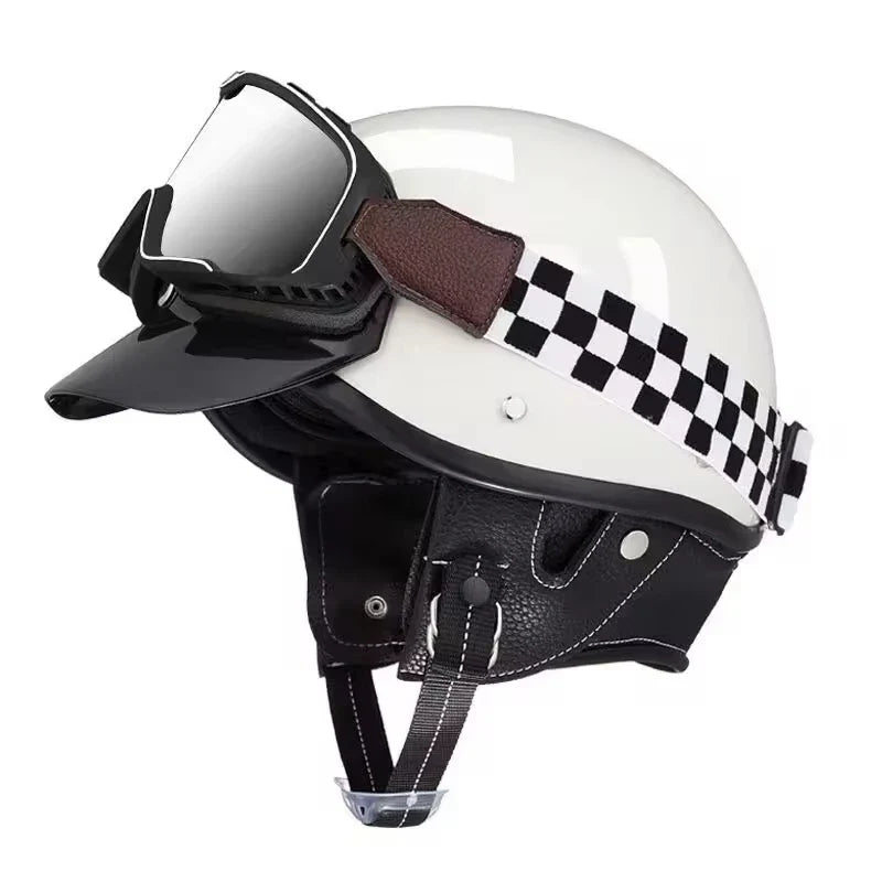 Retro Motorcycle Helmet with Goggles and Leather Detailing
