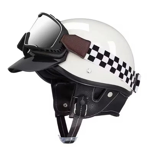 Retro Motorcycle Helmet with Goggles and Leather Detailing