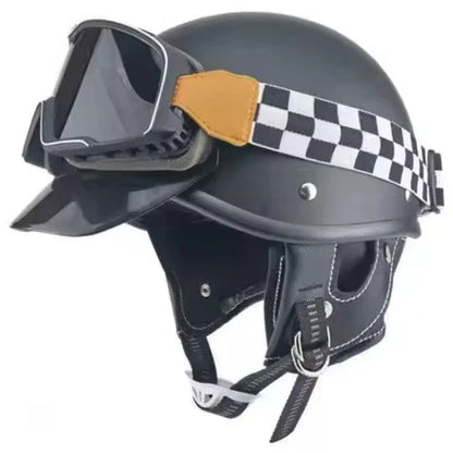 Retro Motorcycle Helmet with Goggles and Leather Detailing