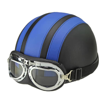 Retro Leather Motorcycle Half Helmet with Goggles