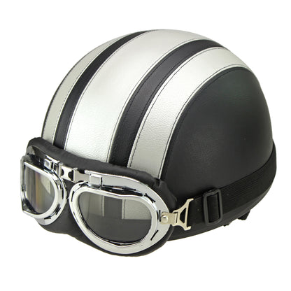Retro Leather Motorcycle Half Helmet with Goggles