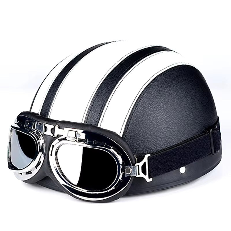 Retro Leather Motorcycle Half Helmet with Goggles