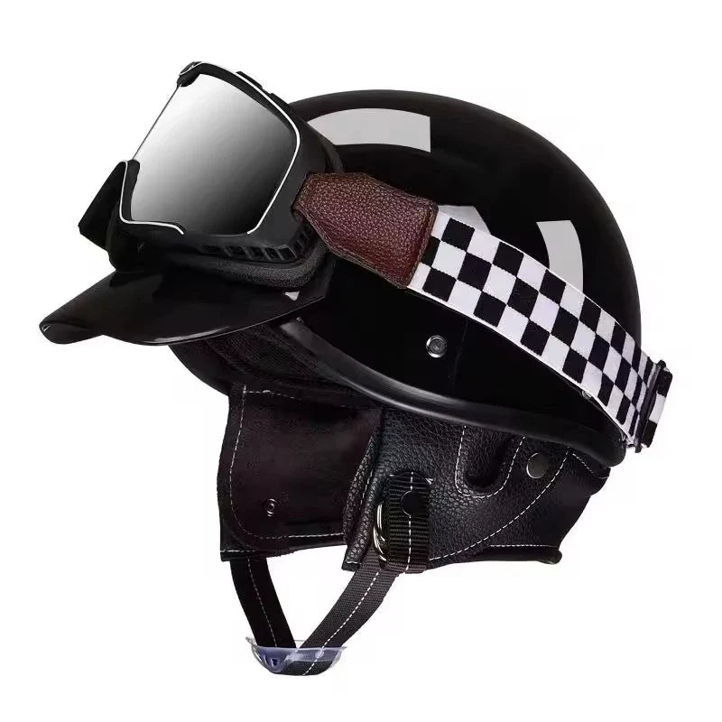 Retro Motorcycle Helmet with Goggles and Leather Detailing