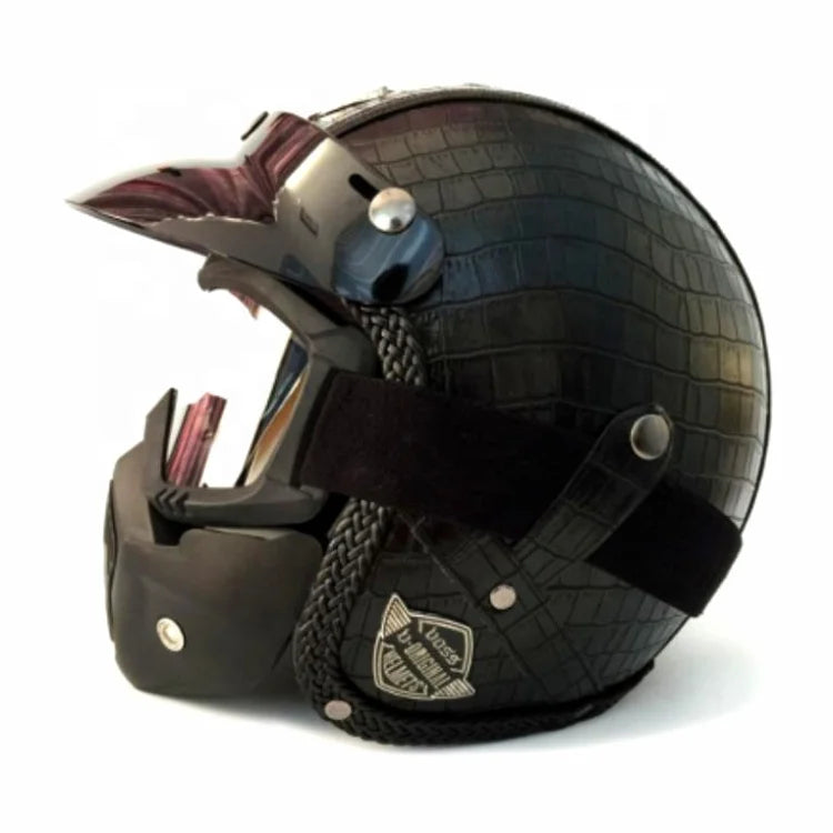 Retro Leather Motorcycle Helmet with Flip-Up Visor