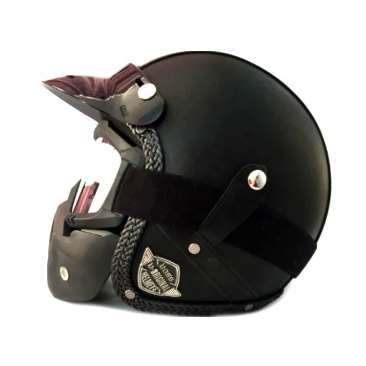 Retro Leather Motorcycle Helmet with Flip-Up Visor