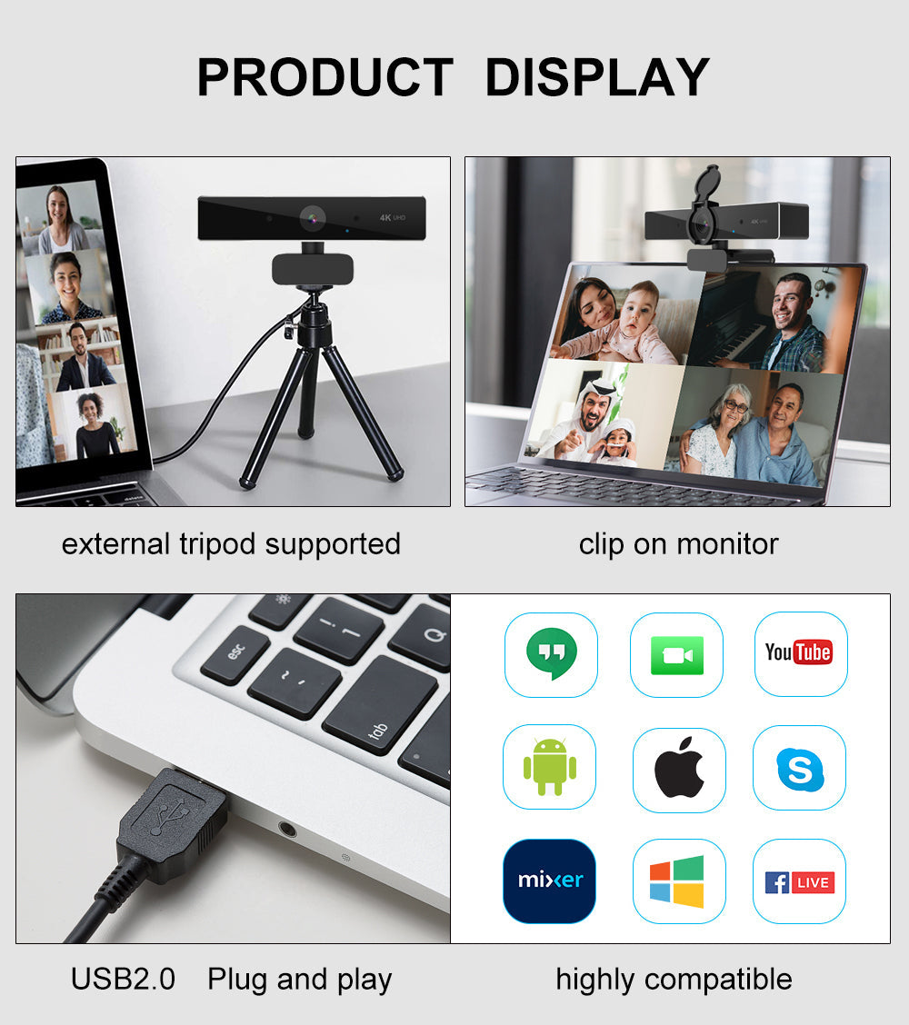 4K Ultra HD Webcam with Autofocus Built-In Mic for Streaming Video