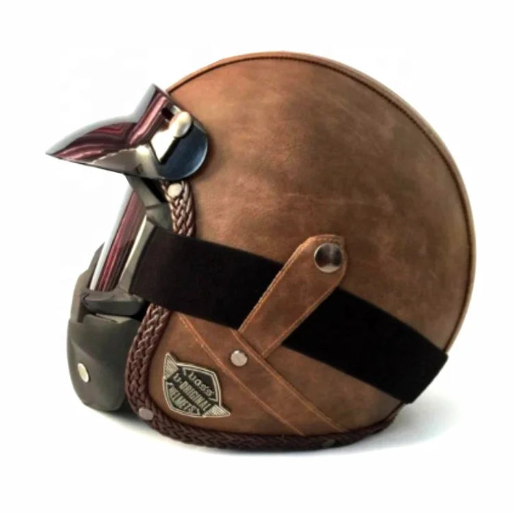 Retro Leather Motorcycle Helmet with Flip-Up Visor