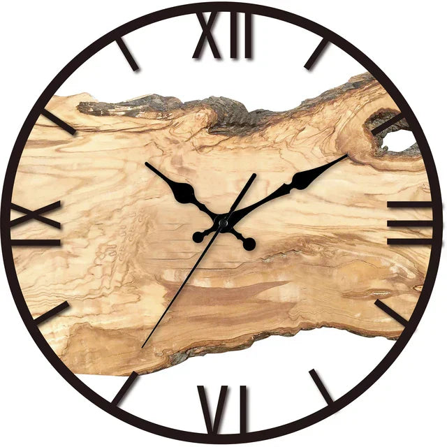 Rustic Wood Grain Wall Clock with Metal Frame