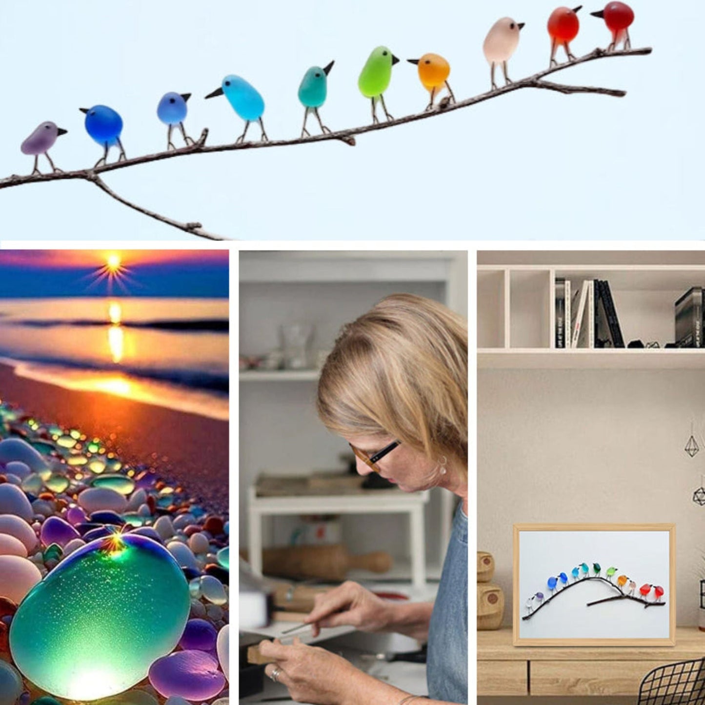 Handmade Sea Glass Wall Art Rainbow Birds Coastal Home Decor