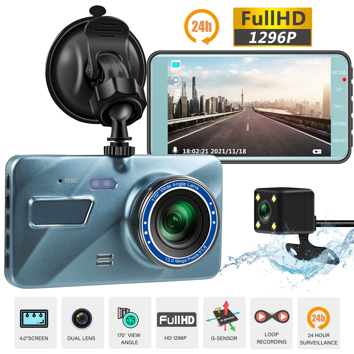 Wireless Front and Rear Dash Cam with Night Vision and 4 Inch Screen