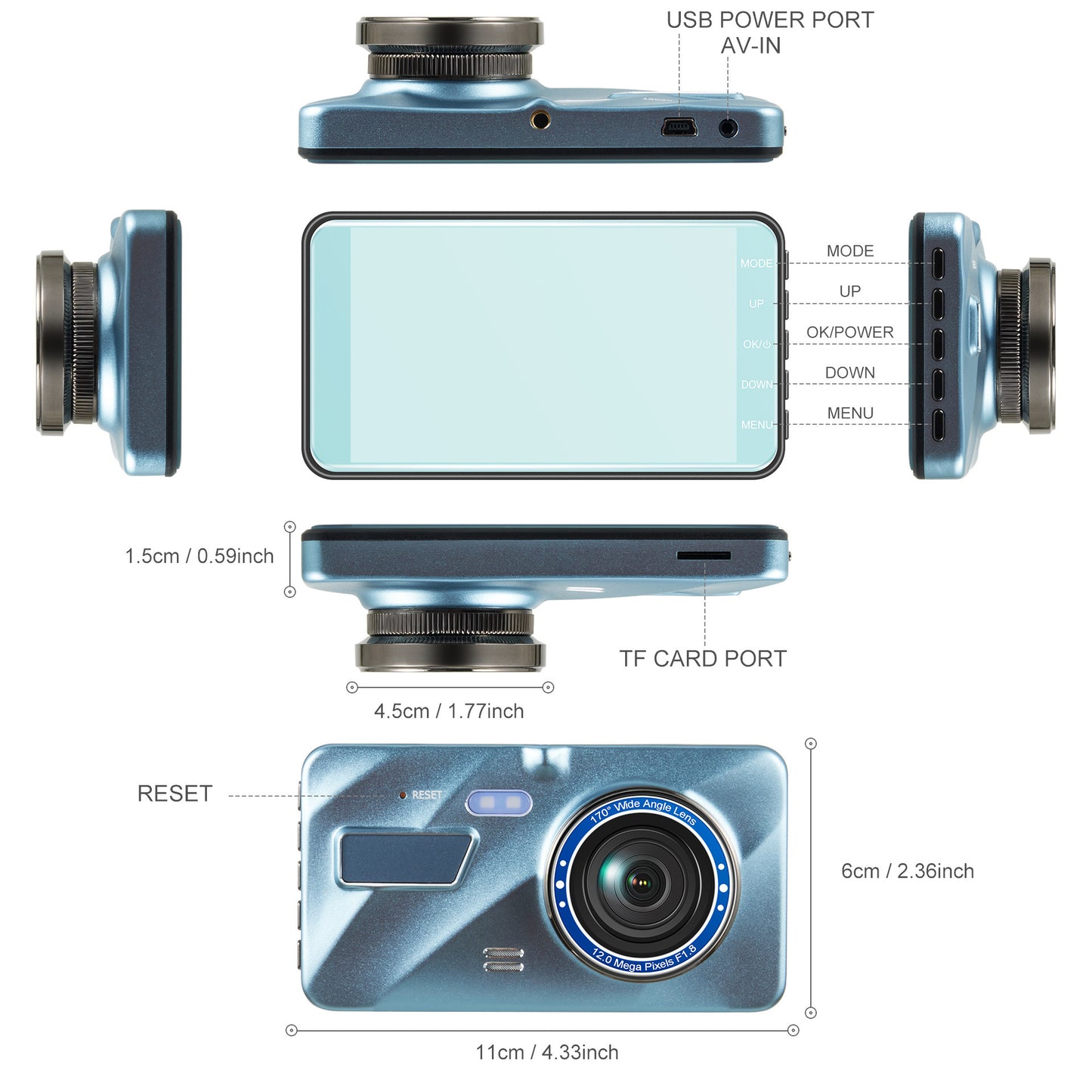 Wireless Front and Rear Dash Cam with Night Vision and 4 Inch Screen