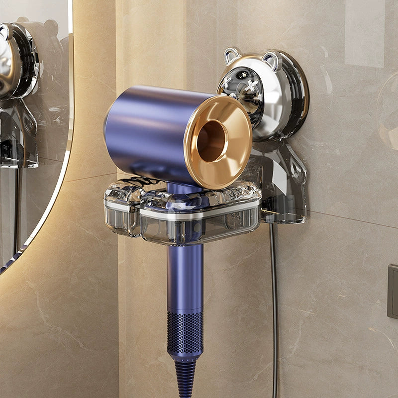 Bear-Themed Wall-Mounted Hair Dryer Holder – Strong Suction Cup & Multi-Functional Storage Rack
