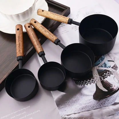 Gold Stainless Steel Measuring Set With Wooden Handles