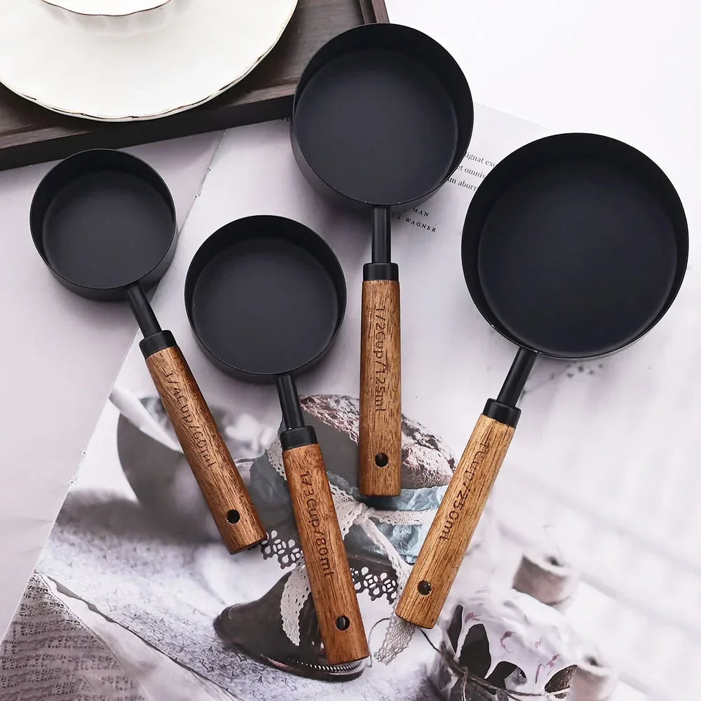 Gold Stainless Steel Measuring Set With Wooden Handles