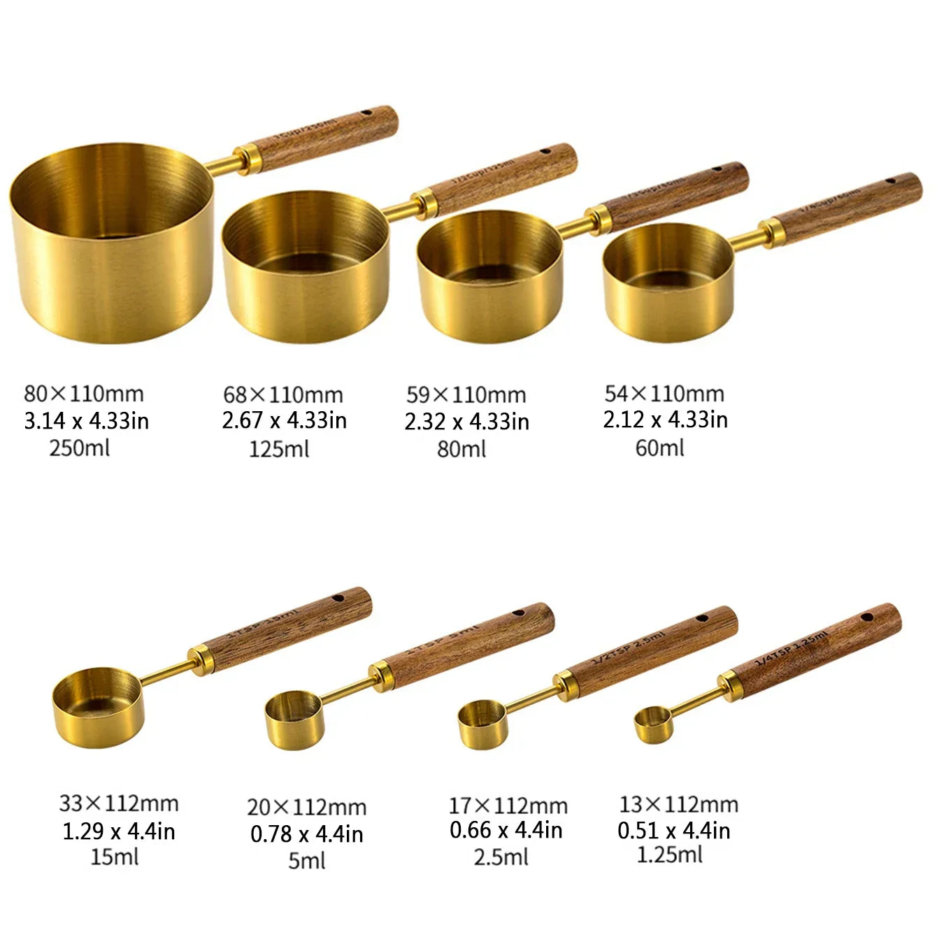 Gold Stainless Steel Measuring Set With Wooden Handles