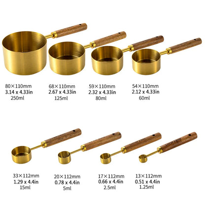 Gold Stainless Steel Measuring Set With Wooden Handles