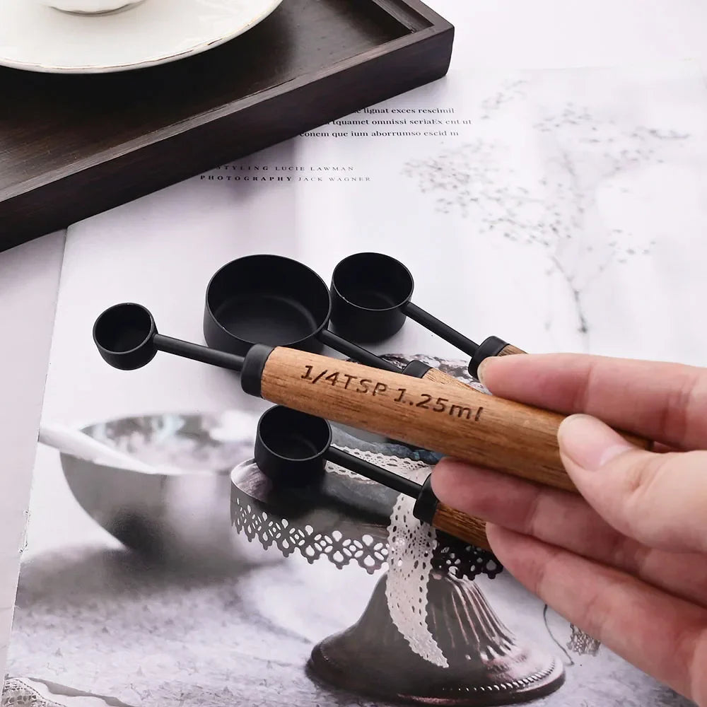 Gold Stainless Steel Measuring Set With Wooden Handles