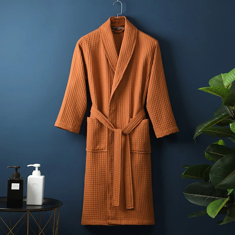 Waffle Cotton Bathrobe With Shawl Collar