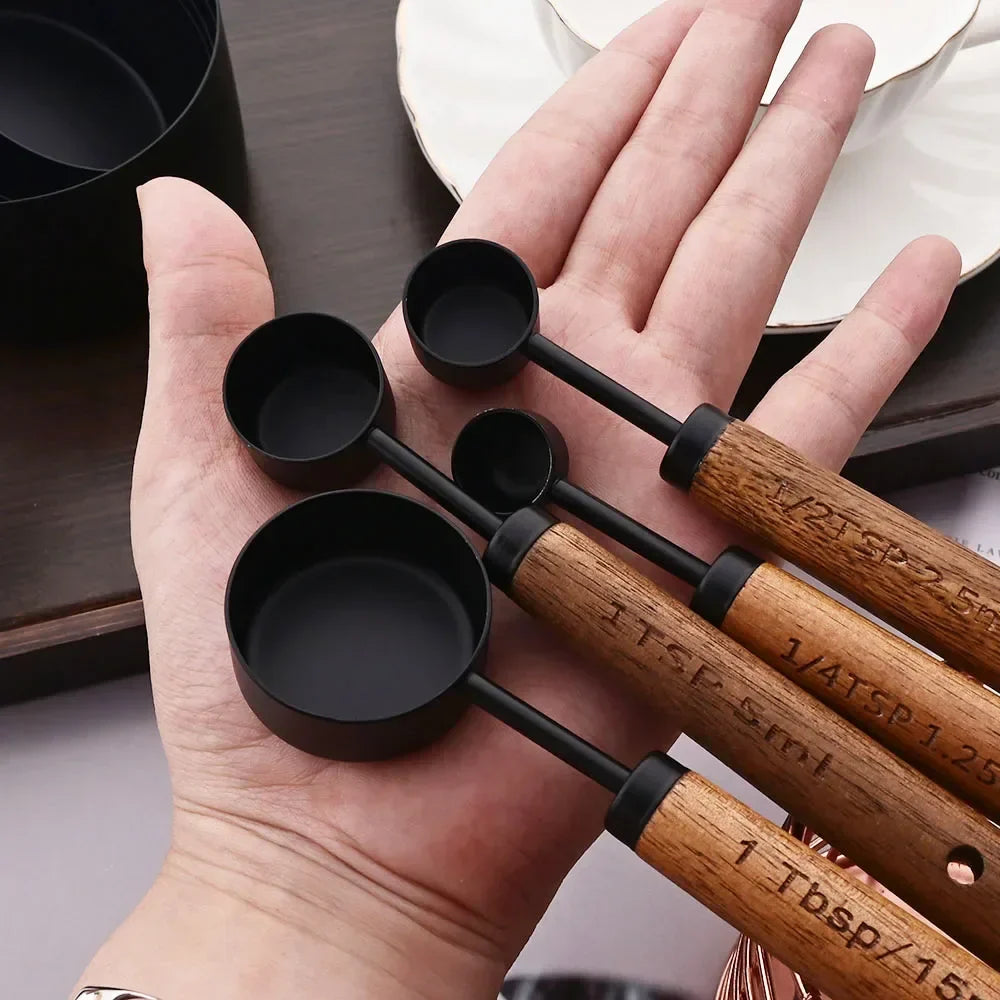 Gold Stainless Steel Measuring Set With Wooden Handles