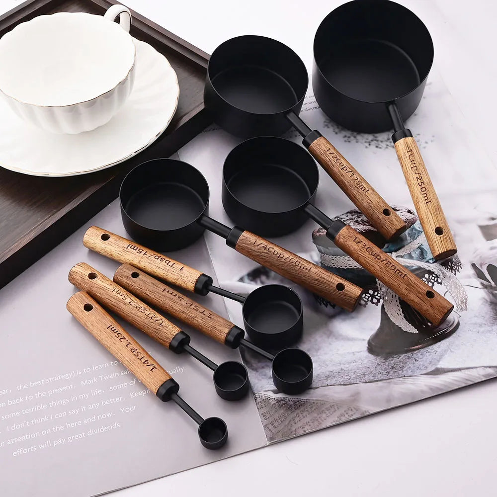 Gold Stainless Steel Measuring Set With Wooden Handles