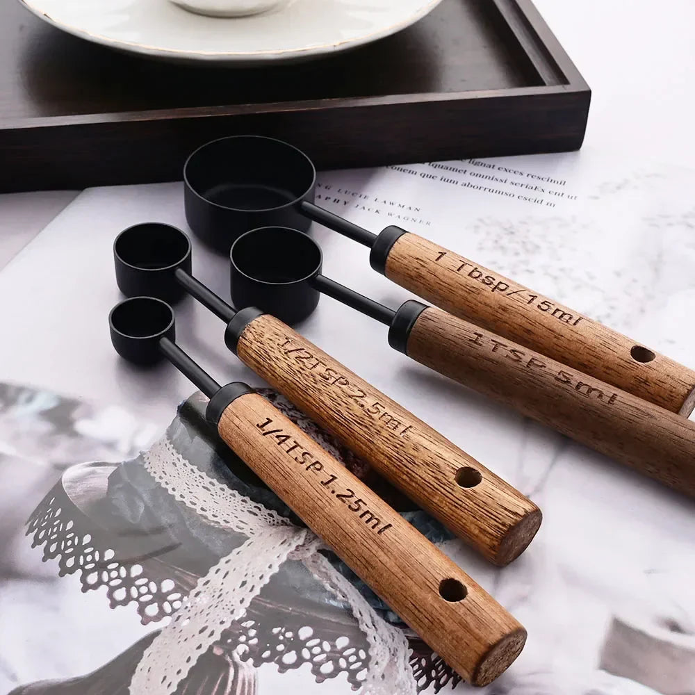 Gold Stainless Steel Measuring Set With Wooden Handles