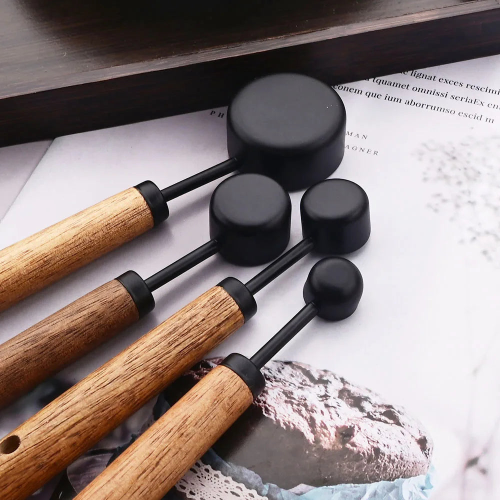 Gold Stainless Steel Measuring Set With Wooden Handles
