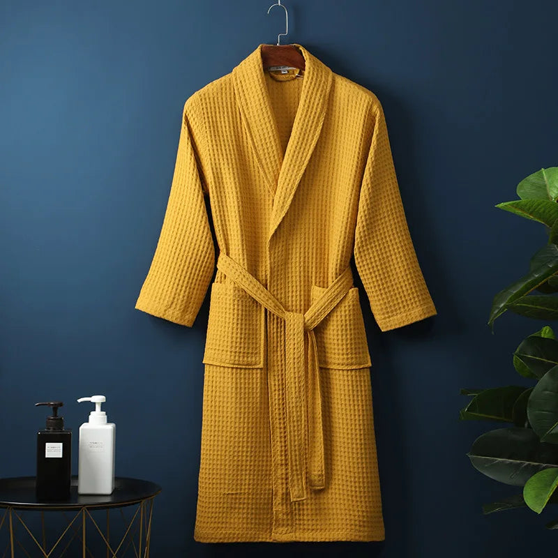 Waffle Cotton Bathrobe With Shawl Collar