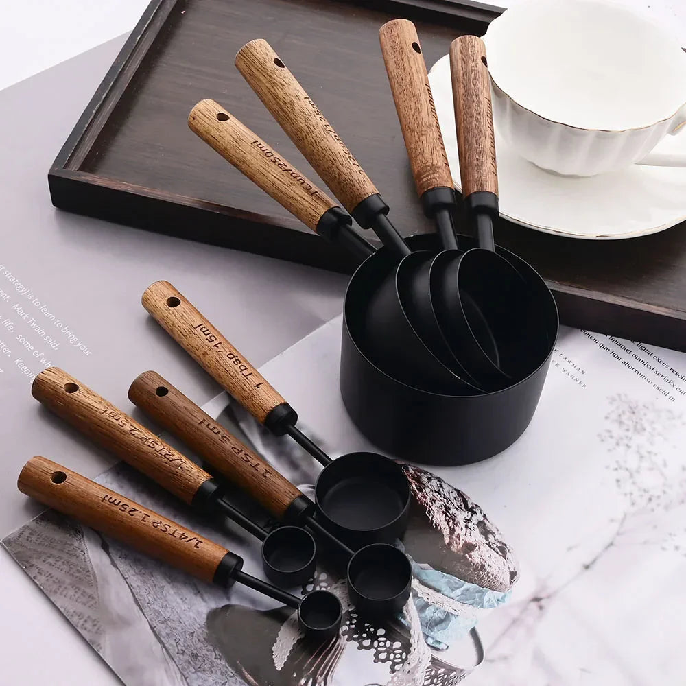 Gold Stainless Steel Measuring Set With Wooden Handles