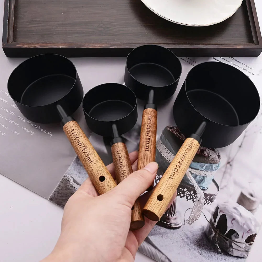 Gold Stainless Steel Measuring Set With Wooden Handles