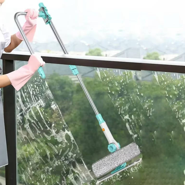 Telescopic Long Handle Window Cleaner Brush with Rotating Microfiber Head