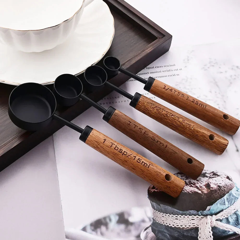 Gold Stainless Steel Measuring Set With Wooden Handles