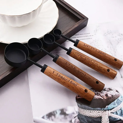 Gold Stainless Steel Measuring Set With Wooden Handles
