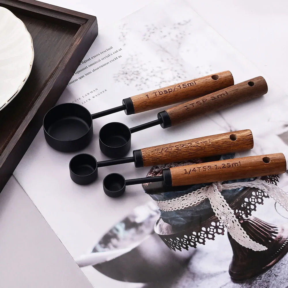 Gold Stainless Steel Measuring Set With Wooden Handles