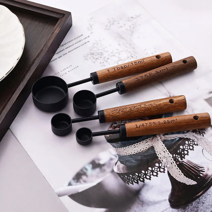 Gold Stainless Steel Measuring Set With Wooden Handles