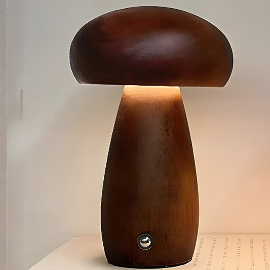 Wooden Mushroom Lamp with Warm LED Light for Desk and Nightstand