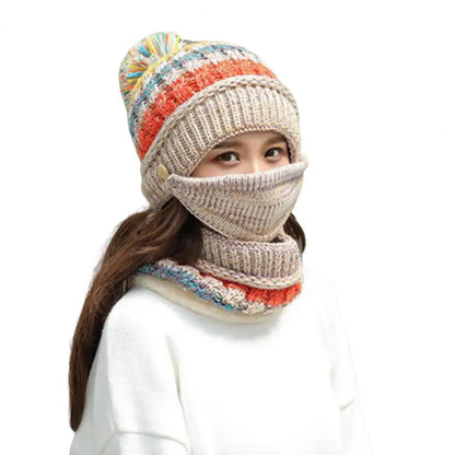 Knitted Hat and Scarf Set with Velvet Lining and Detachable Face Guard