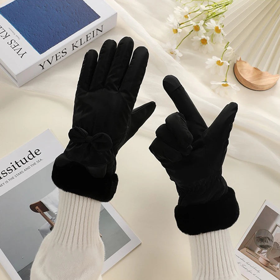 Touchscreen Waterproof Winter Gloves For Women With Bow Detail