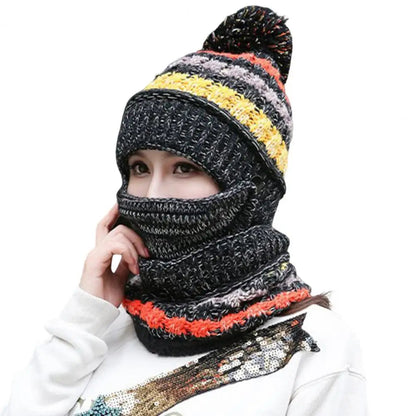 Knitted Hat and Scarf Set with Velvet Lining and Detachable Face Guard