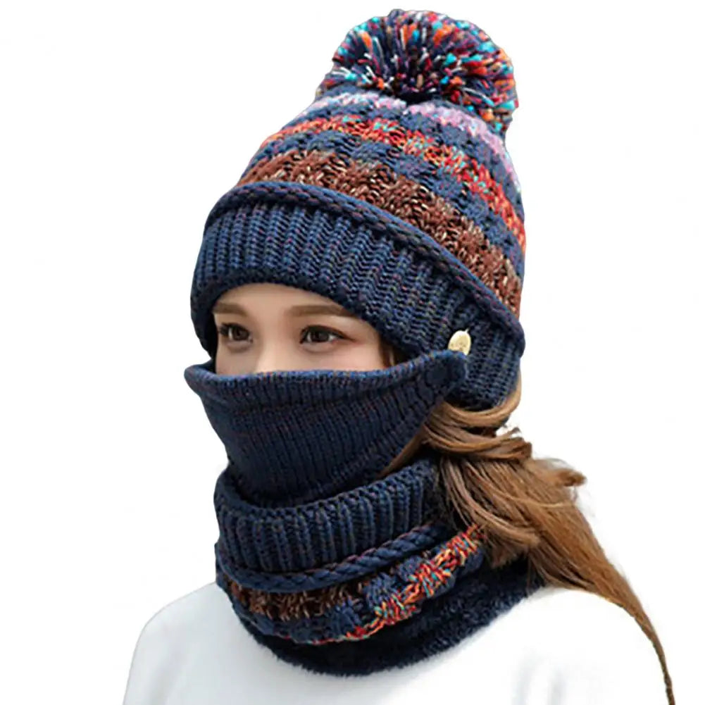 Knitted Hat and Scarf Set with Velvet Lining and Detachable Face Guard
