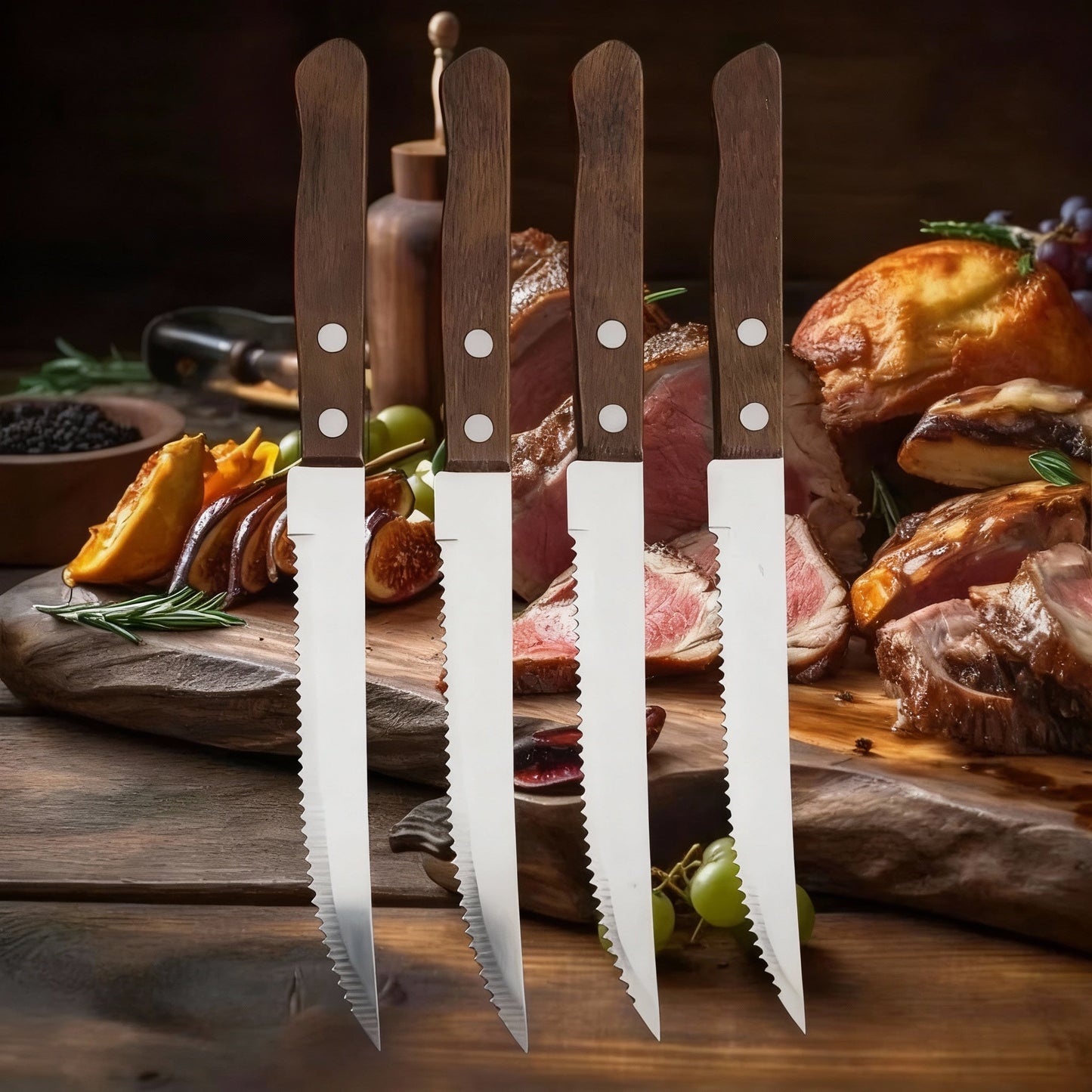 Stainless Steel Serrated Steak Knife Set with Wooden Handles, 6-Piece